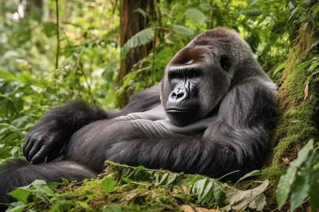 A gorilla in the jungle is sitting in the jungle.