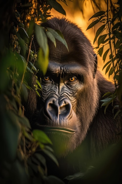 A gorilla in the jungle looks out of a bush.