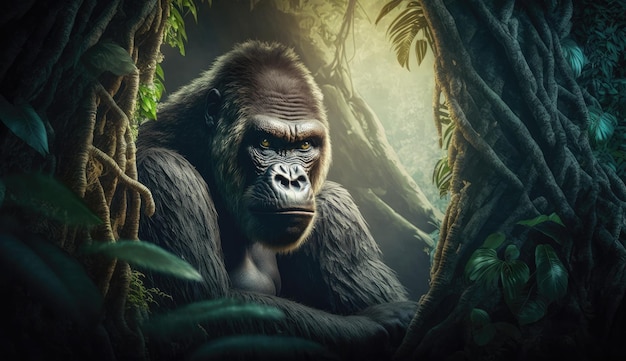 A gorilla in the jungle with a green background