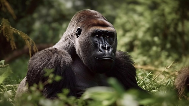 A gorilla in the jungle with a green background