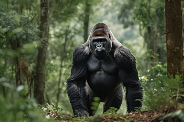 A gorilla in the jungle with a green background