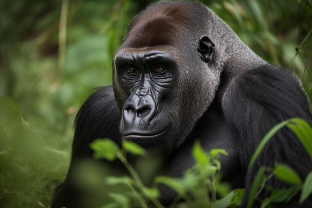 A gorilla in the jungle with a green background