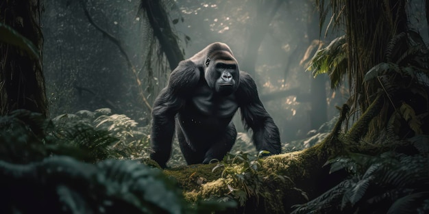 A gorilla in a jungle with a jungle background