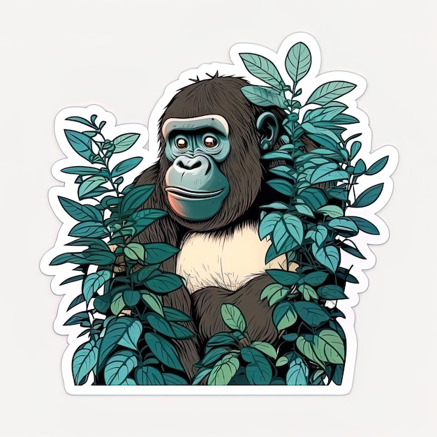 A gorilla in the jungle with leaves and a monkey on it.