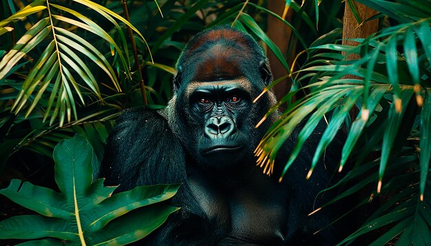 a gorilla in the jungle with a palm tree in the background