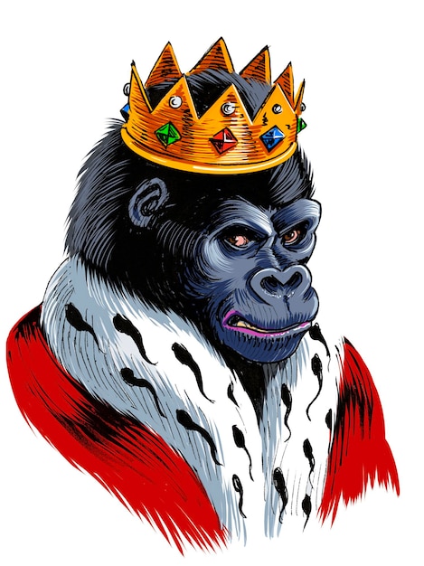 Gorilla koning in gouden kroon met de hand getekende illustratie