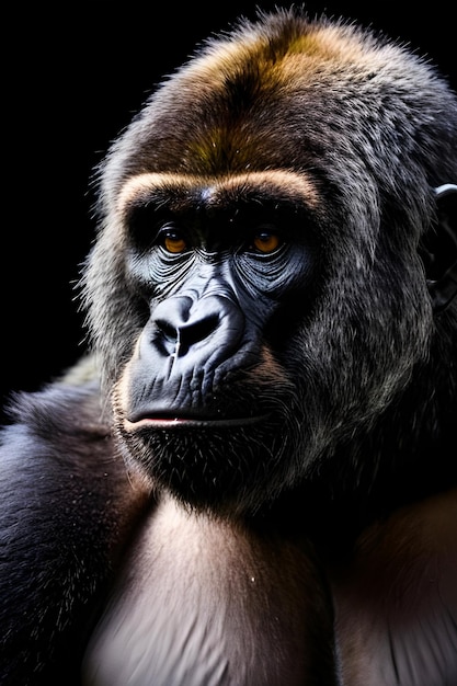 A gorilla looks into the camera with a black background.