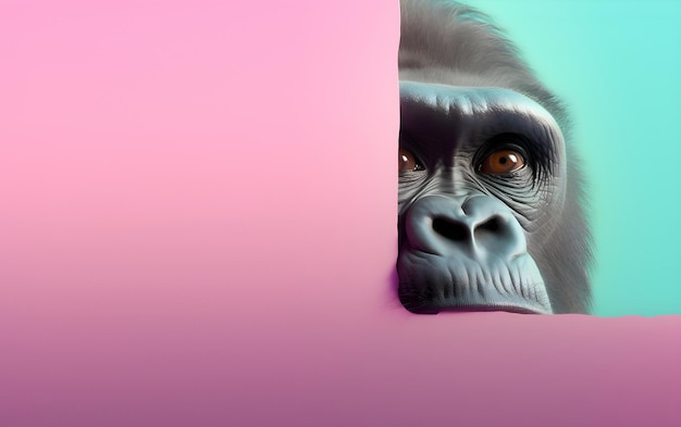 A gorilla looks out of a pink and blue background