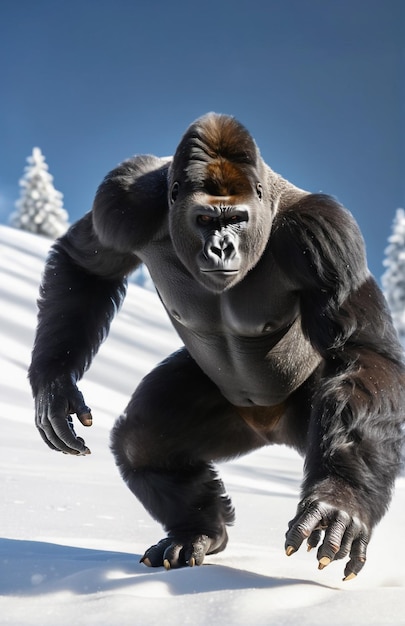 Gorilla loopt op de achtergrond spoor woestijn natuur dieren in het wild en sneeuw