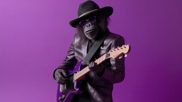 Gorilla Monkey draagt een cowboyhoed en laarzen met een gitaar over zijn schouder geslingerd op paarse achtergrond Generatieve AI