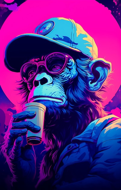 Foto gorilla scimmia capo della banda in occhiali e illustrazione cappello