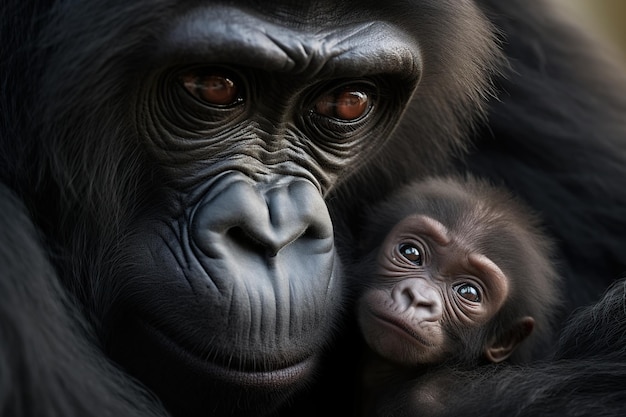 Gorilla mother with her baby closeup portrait