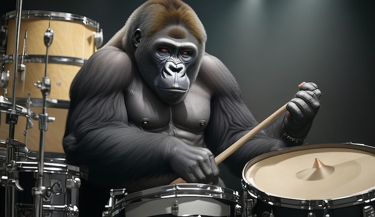 Photo a gorilla playing drums with a drum kit in the background