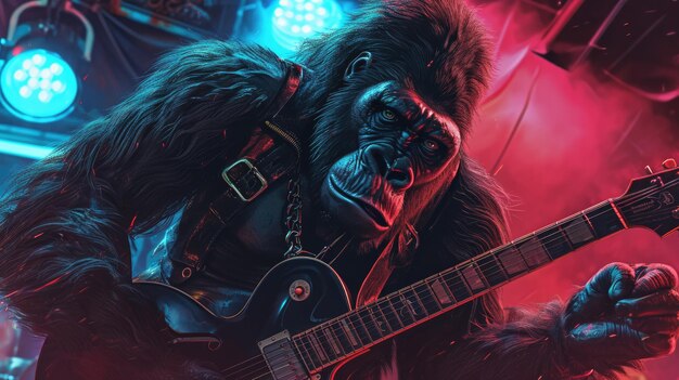 Gorilla Playing Guitar in Front of Microphone at Concert