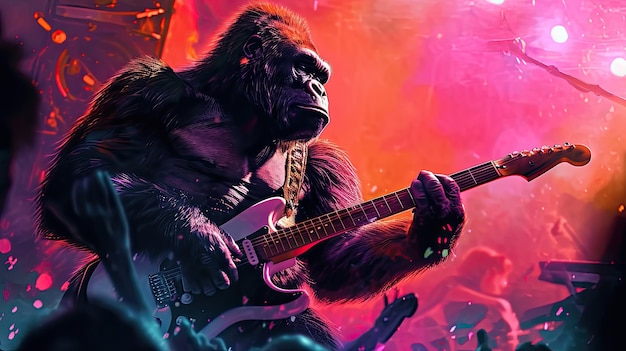 Gorilla Playing Guitar in Front of Microphone at Concert