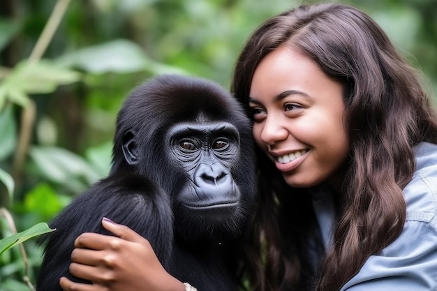 Gorilla portrait and happy women in nature with a smile bonding and love together