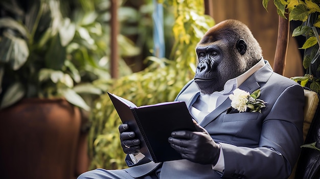 Foto gorilla legge il libro