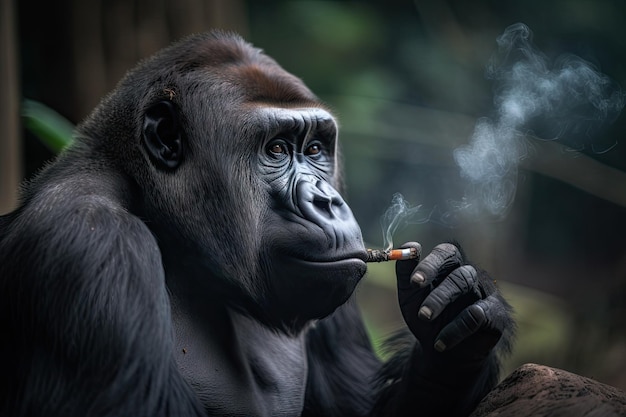 Gorilla rokende joint blazende rookringen gemaakt met generatieve ai