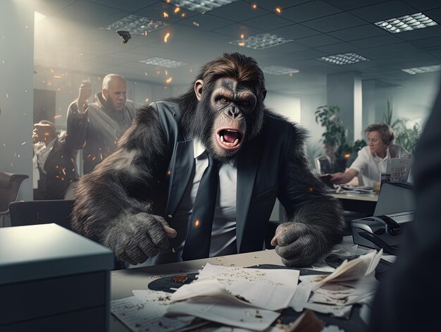 Photo a gorilla in a room with a man in a suit and a shirt with the word gorilla on it