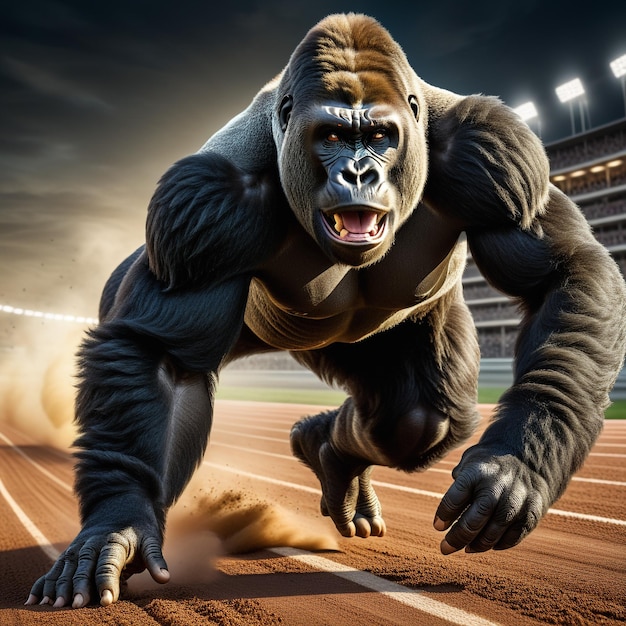 Gorilla running on background track desert nature wildlife and snow