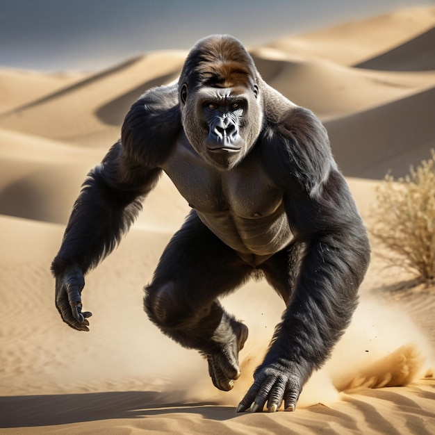 Gorilla running on background track desert nature wildlife and snow