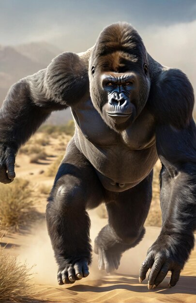 Gorilla running on background track desert nature wildlife and snow