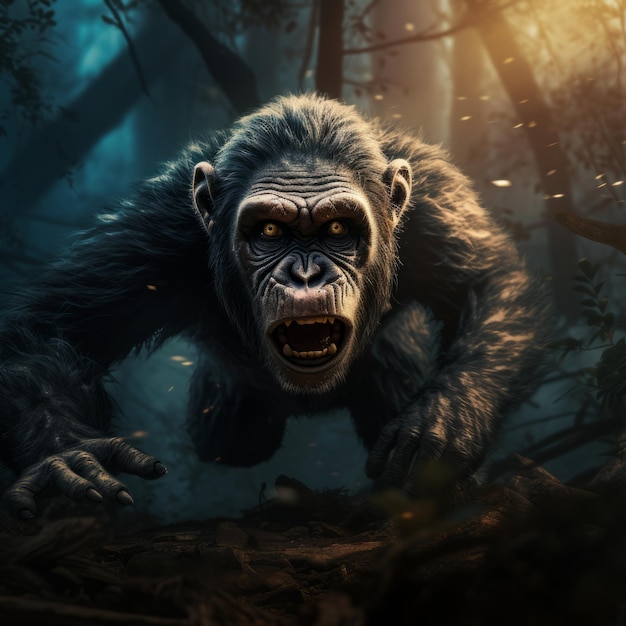 a gorilla running through the woods