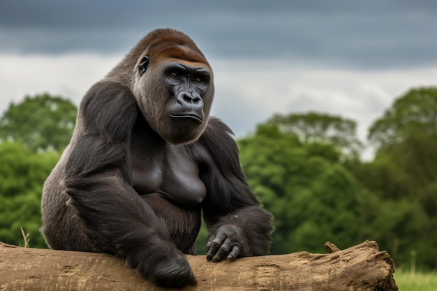 A gorilla sits on a branch in the jungle.