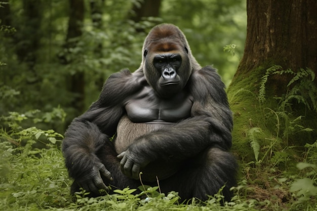 A gorilla sits in the forest with a tree in the background.