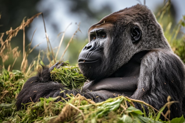 A gorilla sits in the jungle