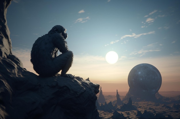 A gorilla sits on a rock in front of a sunset.