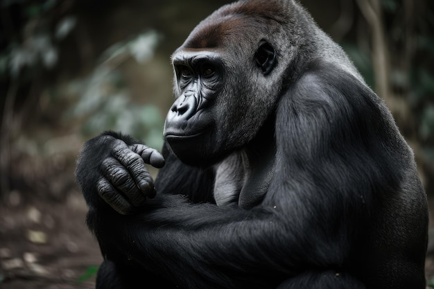 Gorilla sitting down with its arm resting on its leg created with generative ai