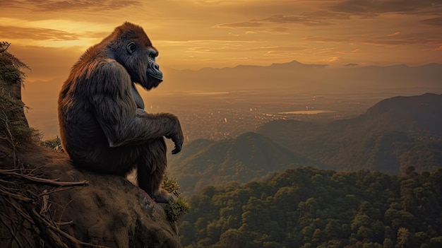 Foto gorilla seduto su un'alta scogliera vicino al tramonto ai generativa