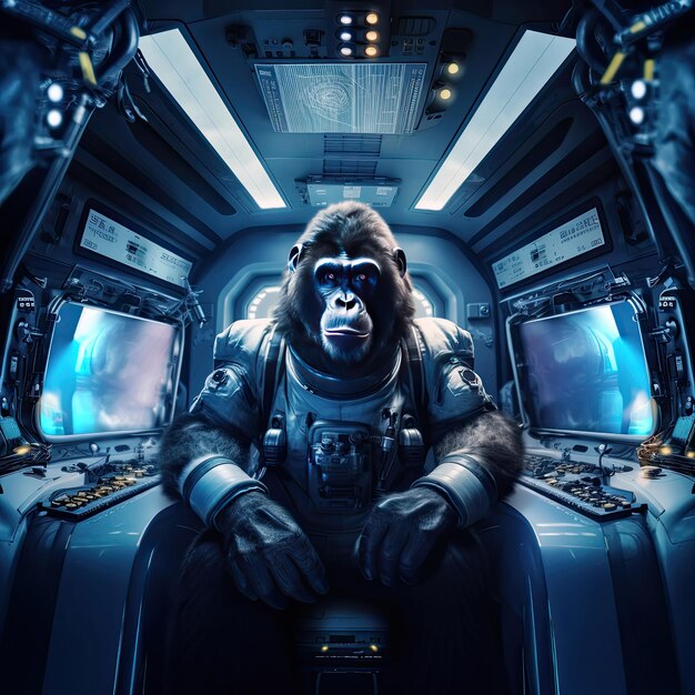 a gorilla sitting in a space suit with a gorilla on the back.