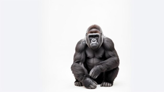 A gorilla sitting on a white background