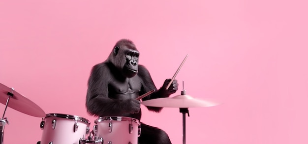 Gorilla speelt drums op een roze achtergrond Banner kopieerruimte