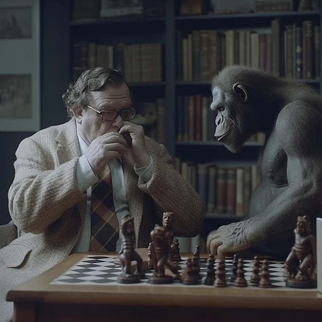 Foto gorilla speelt schaak poster professor rookt generatieve ai