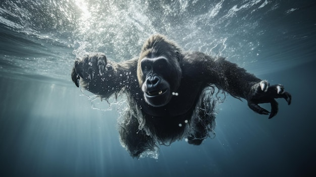 Gorilla sprong in een water onderwaterfotografie Dierlijke duik in de diepte Wilde natuur