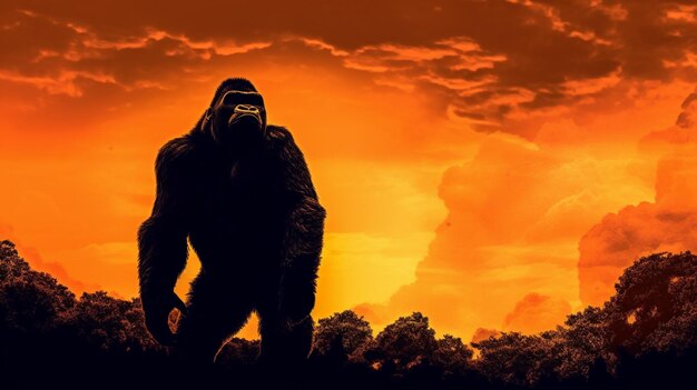 A gorilla stands in front of a sunset
