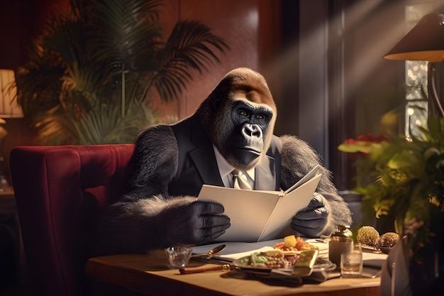 A gorilla on vacation sits at a luxury restaurant table and reads a menu