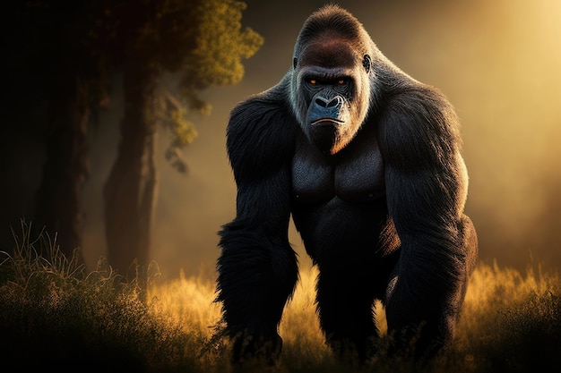 Photo gorilla walking in the field on a sunny day