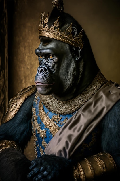 A gorilla wearing a crown sits in a window