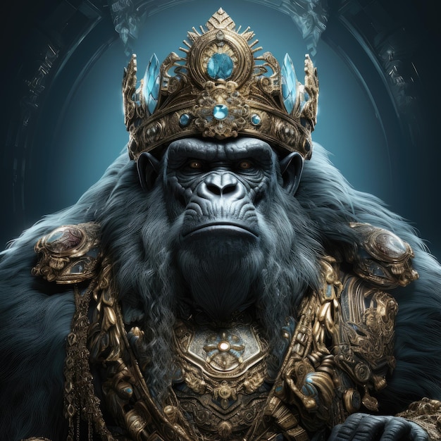 a gorilla wearing a crown with gold and silver accents.