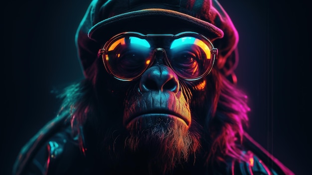 A gorilla wearing a hat and glasses with the word gorilla on it.