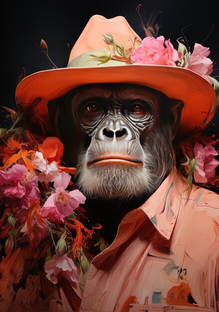 a gorilla wearing a hat with flowers and a hat