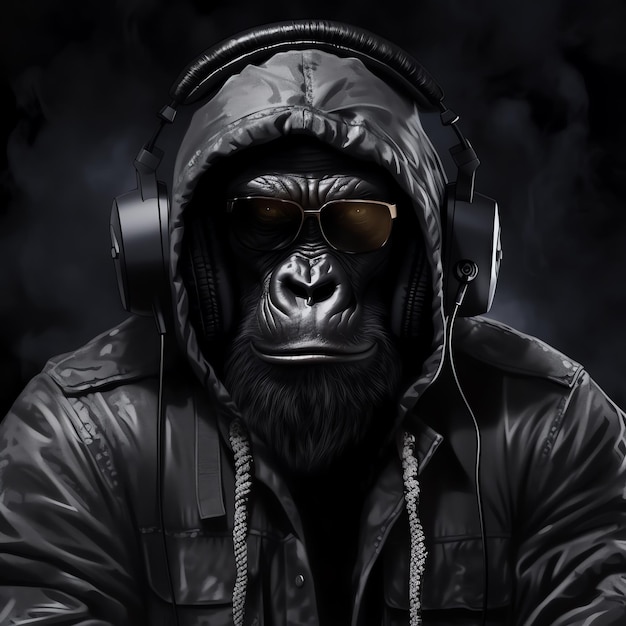 a gorilla wearing a hoodie and headphones