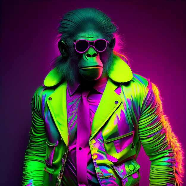 A gorilla wearing a jacket and sunglasses is standing in a neon green and purple neon light.