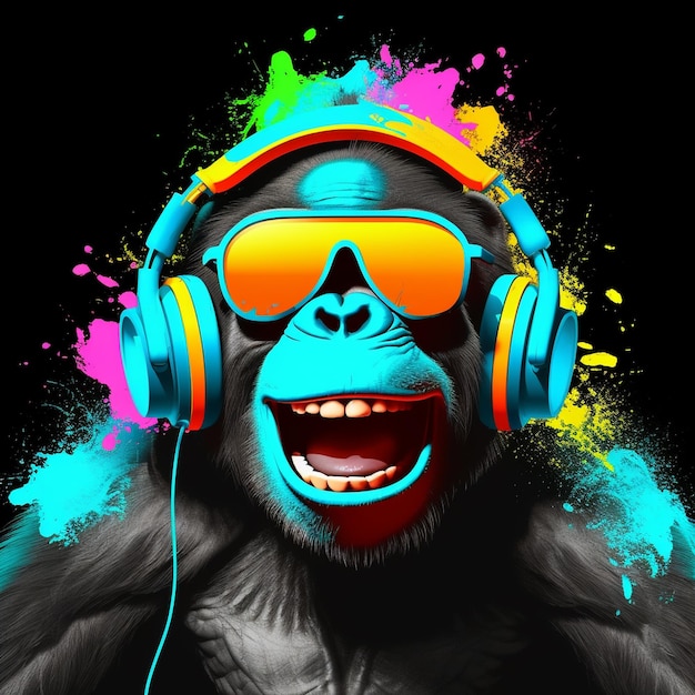 A gorilla wearing a pair of headphones with the words monkey on it