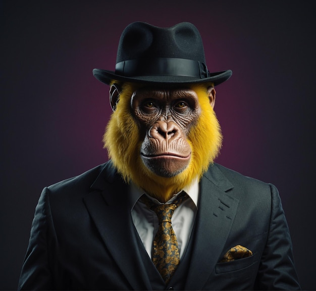 a gorilla wearing a suit and a tie with a tie on it