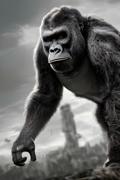 A gorilla with a black background and a building in the background.